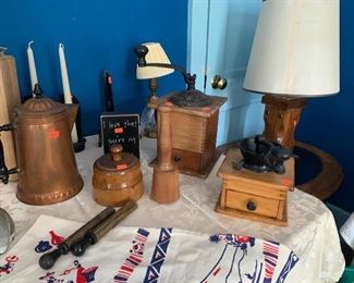 Vintage & Antique Grinders, Kettle, Air Pumps, Candles and Tablecloths