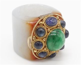 Jadeite Sapphire Gold mounted antique Chinese archers ring