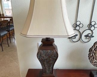 Brown Wood Table Lamp with Vine Carving 
