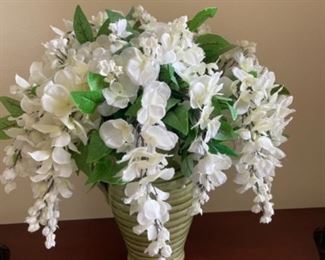 Green Vase With Artificial White Flowers