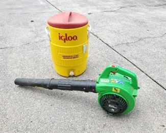 Green machine gas blower and igloo cooler 