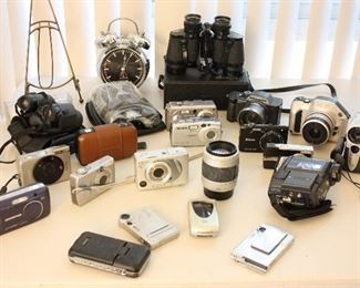 Assorted Digital and Film Cameras and Binoculars