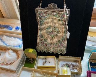 mesh purse, pearl earrings