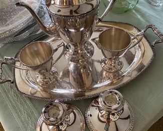 silver tea set, candle holders