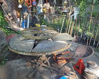 Unique farm part table, with slate top. 