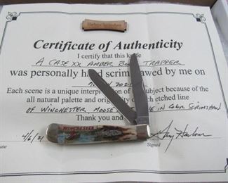 Case XX Amber Bone Handle Trapper Knife - Scrimshawed by Artist Gary Harbour w/Certificate