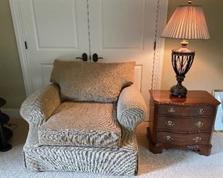 Oversize custom Allen white corduroy beige chair.  Pennsylvania house nightstand heavy duty lamp