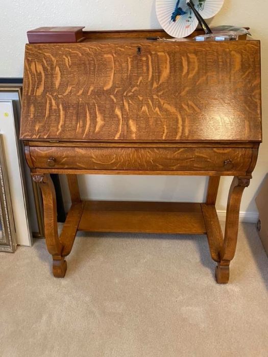 Antique Tiger Oak Secretary Desk
Great condition!
Measures: 32” across x 16 1/2” deep x 28” tall to desk, 40” tall to top. 
Must be able to move and load yourself.