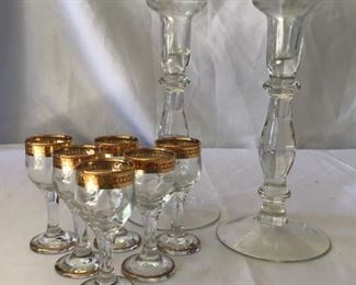 6 Gold Trimmed Cordials and a Set of Candlesticks