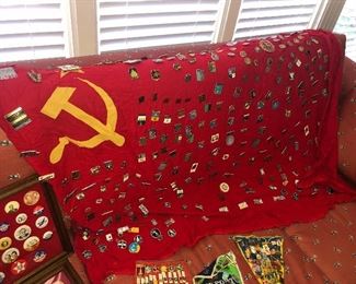 Russian flag covered with medals