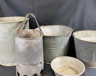 Rustic Metal Pail Bucket Bin Lot