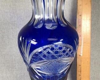 Cobalt Blue Cut to Clear Crystal Glass Flower Vase