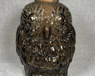 Smoke Colored Glass Wise Old Owl Coin Bank Bottle