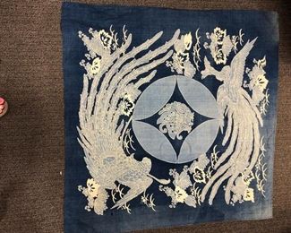 Vintage Boho Blue and White Square Orient Asian Table Cloth