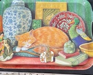Melamine Serving Tray Cat Sleeping on Pillow Amongst Collectibles