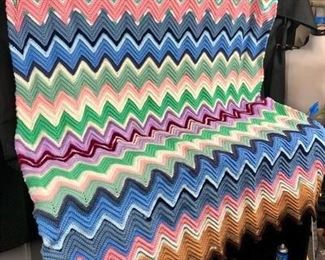 Large Afghan, multicolored, zigzag pattern.