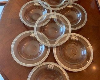 set 9 Antique blown glass Soup/salad Bowls with sterling banded rims and silver overlay monogram