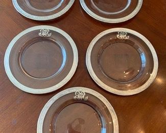 Set 5 Antique Dessert/Salad Plates with sterling banded rims and silver overlay monogram