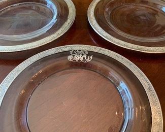 Set 5 Antique Dessert/Salad Plates with sterling banded rims and silver overlay monogram