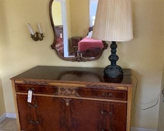Dresser and Mirror and Metal Lamp