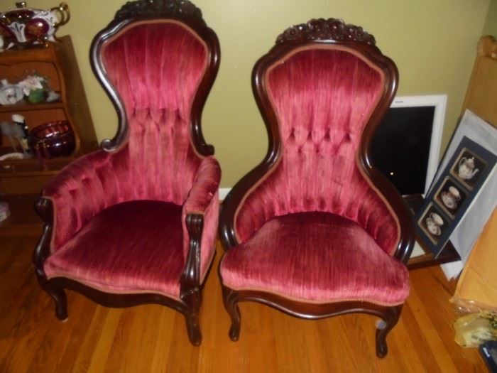 Gentleman's & ladies victorian parlor chairs