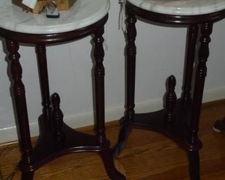 Wood round end tables w/marble tops