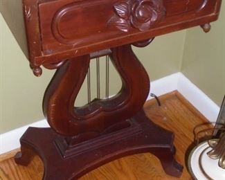 Pair mahogany lire matching end tables w / marble top & drawer