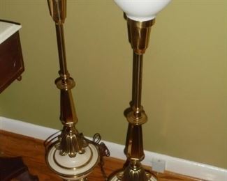 Pair tall brass & glass lamps w/milk glass globes