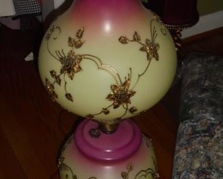 Tall 2 globe red & white w/gold flowers electric hurricane lamp