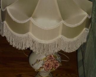 Pair of matching lamps white w/pink roses & fringe shade