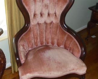 1 of 2 matching pink Queen Anne chairs & one rare matching foot stool