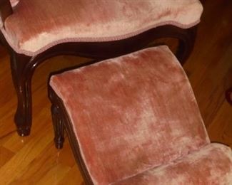 1 of 2 matching pink Queen Anne chairs & one rare matching foot stool
