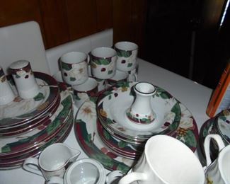 7 Sets of Dishes:  #6 - Tienshan fine china 'Magnolia'  (white/green/red flowers)  36 pcs