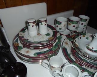 7 Sets of Dishes:  #6 - Tienshan fine china 'Magnolia'  (white/green/red flowers)  36 pcs