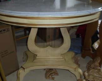 1 of 2 matching music lire tables w/marble tops