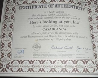 Knowle / Rockwell plate 'Here's looking at you, kid' Casablanca  w/certificate of authenticity