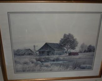 Framed & matted picture of old farmhouse