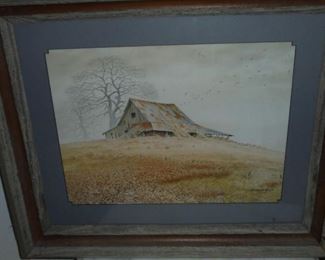 Framed & matted picture of old farm barn