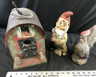 Vintage Bird House, gnome & chicken