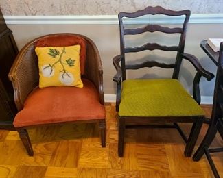 Cane club chair and one of a set of 8 Chippendale style ladder back chairs.
