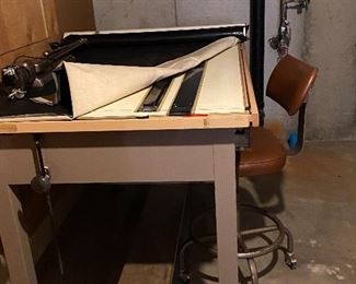 Drafting table with accessories, light, chair
