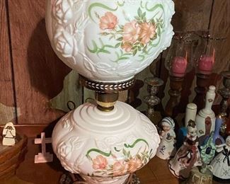 Floral milk glass double hurricane lamp