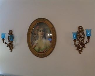 Vintage art and wall sconces