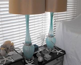 MCM glass & lucite lamps w/original shades 