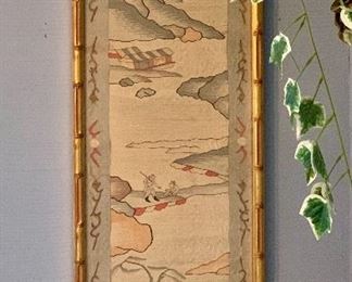 $395 - Framed vintage chinoiserie tapestry #1 - 37"H x 12"W