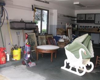 garage items, carpet steamer, unusual swan display, round marble inlaid wood coffee table for the restorer