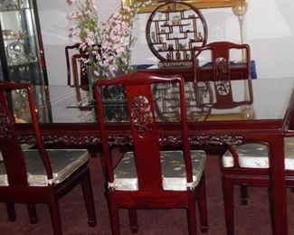 Beautiful Rosewood carved Dining Room Table with 8 chairs.  Custom Glass   Top