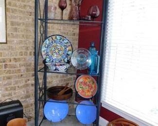 Etagere and decorative pottery and glass