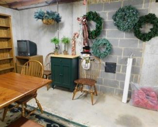 Christmas Decorations and small green cupboard