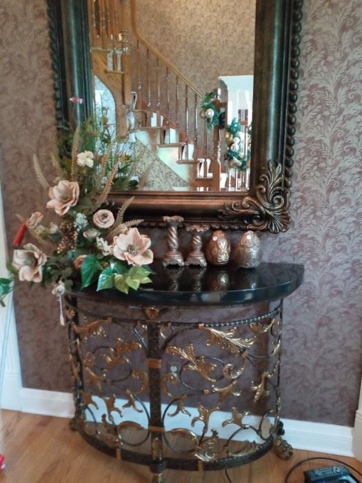 Bernhardt Mirror 56" x 44"; Maitland Smith Table 47" wide and 38" deep